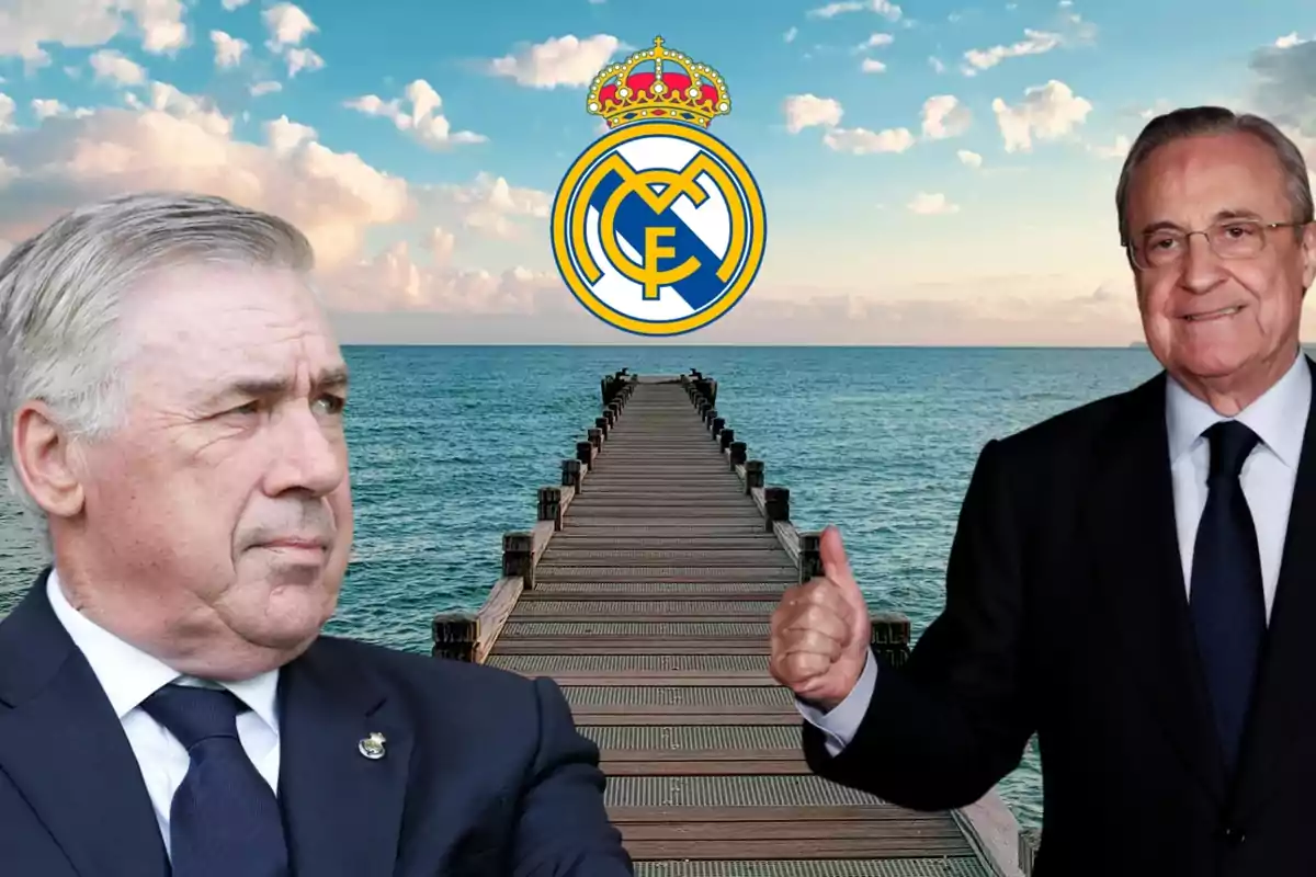 Carlo Ancelotti mira de perfil y al otro lado está Florentino Pérez sonriendo y con el pulgar hacia arriba, de fondo un muelle de madera que se adentra en el mar y al final está el escudo de Real Madrid