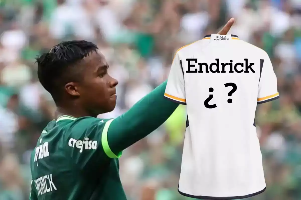 Un jugador de fútbol con uniforme verde señala hacia adelante mientras una camiseta blanca con el nombre "Endrick" y un signo de interrogación aparece superpuesta.