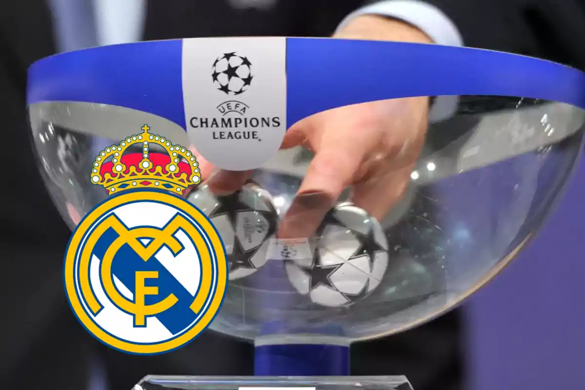 Sorteo de la UEFA Champions League con el logo del Real Madrid en primer plano.