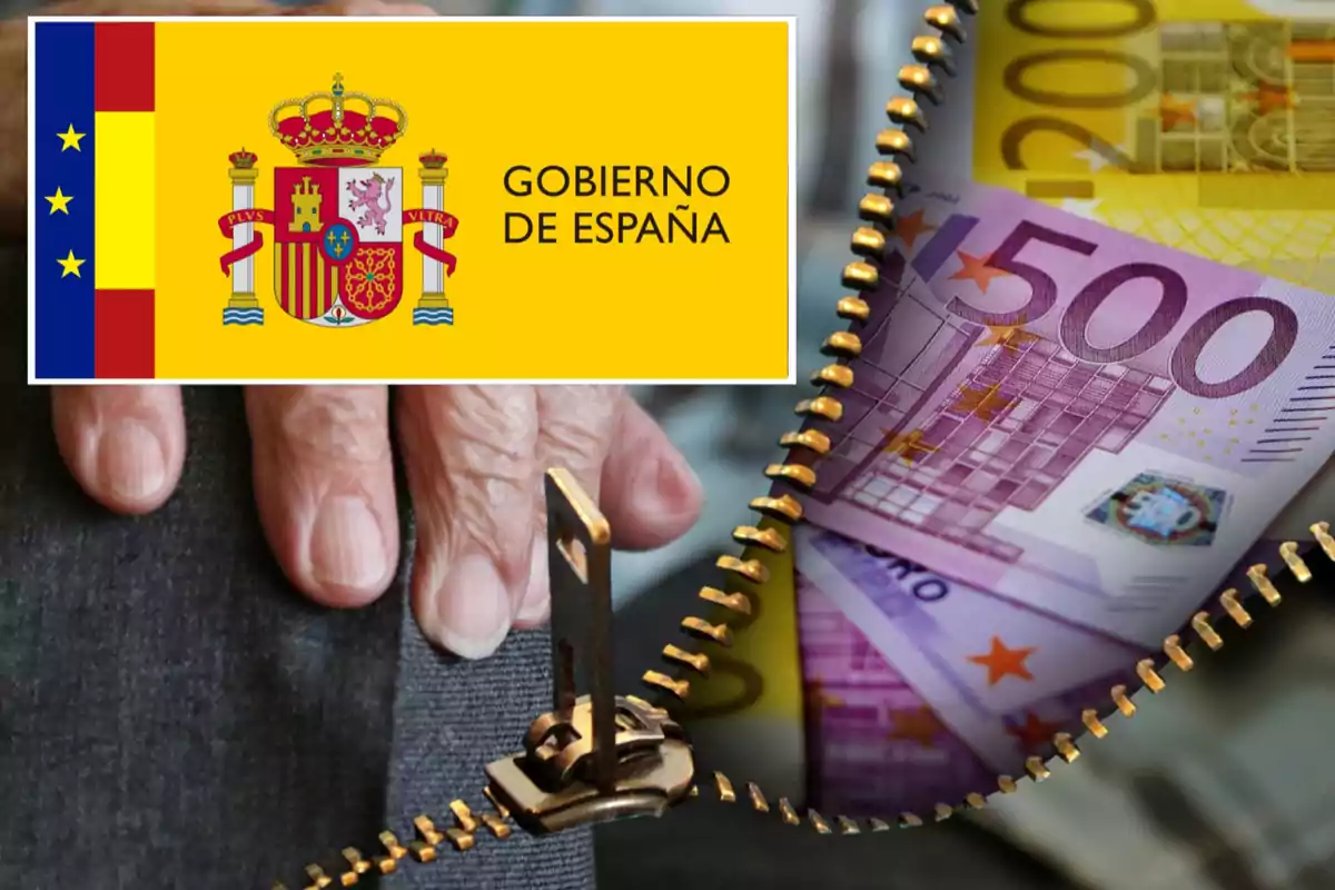 Mano de una persona mayor junto a una cremallera que revela billetes de euro y el logo del Gobierno de España.