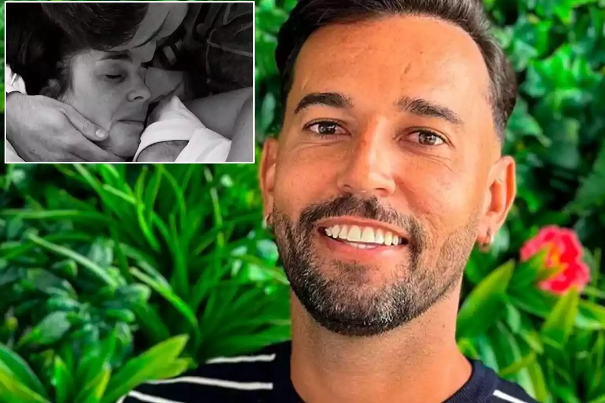 Un hombre sonriente con barba y cabello oscuro está frente a un fondo de vegetación verde, en la esquina superior izquierda hay una imagen en blanco y negro de una persona descansando con los ojos cerrados mientras es abrazada.