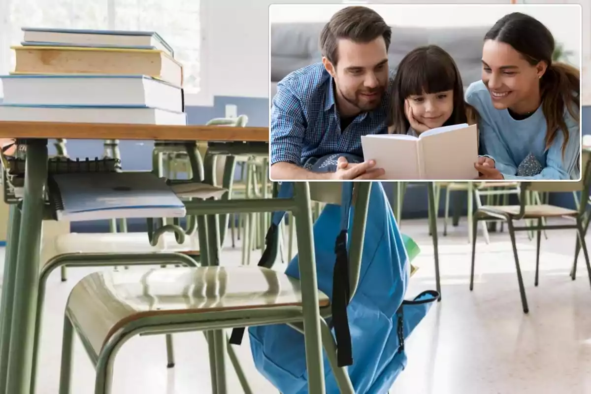 Una imagen muestra un aula vacía con escritorios y sillas, con una mochila azul colgada de una silla y varios libros apilados sobre un escritorio; en la esquina superior derecha, hay una imagen superpuesta de una familia leyendo un libro juntos.