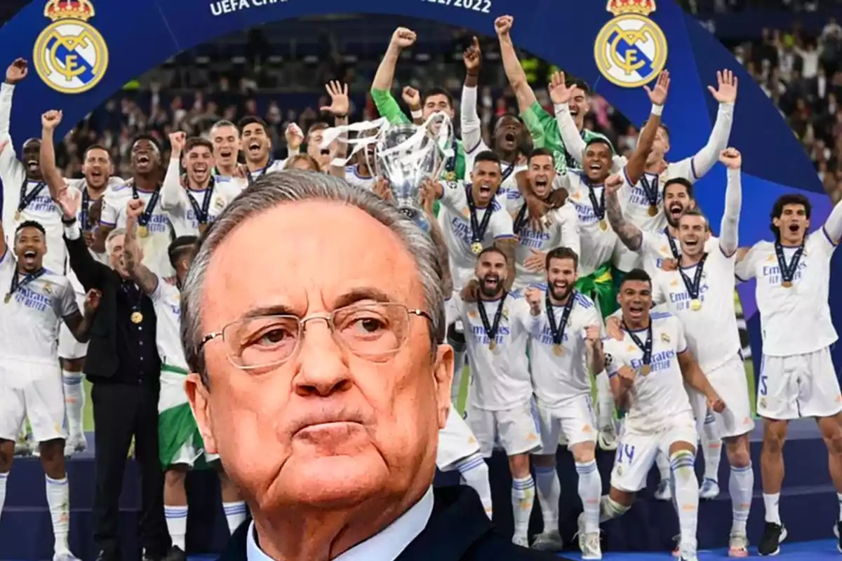 Un grupo de jugadores de fútbol celebrando con trofeo y medallas, con un hombre en primer plano.