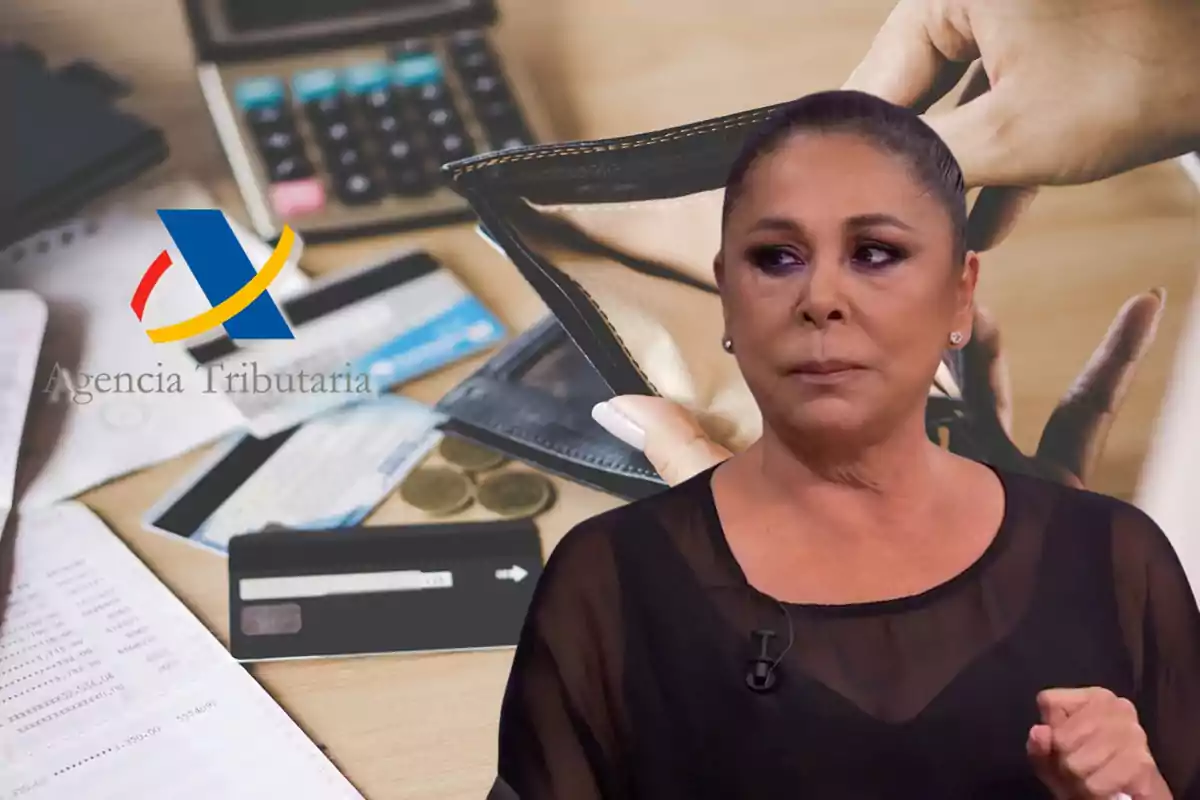 Mujer con expresión seria frente a un fondo de documentos bancarios, tarjetas, una cartera vacía y el logo de la Agencia Tributaria