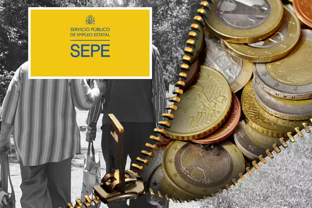 Imagen que muestra el logo del Servicio Público de Empleo Estatal (SEPE) sobre una fotografía en blanco y negro de personas mayores caminando, con un cierre de cremallera que revela monedas de euro.