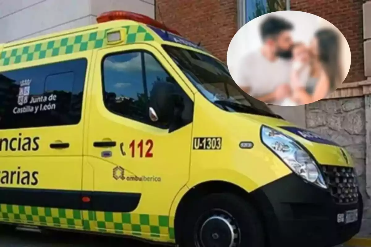 Una ambulancia amarilla de emergencias sanitarias de la Junta de Castilla y León está estacionada frente a un edificio, con un recuadro borroso en la esquina superior derecha que muestra a tres personas.