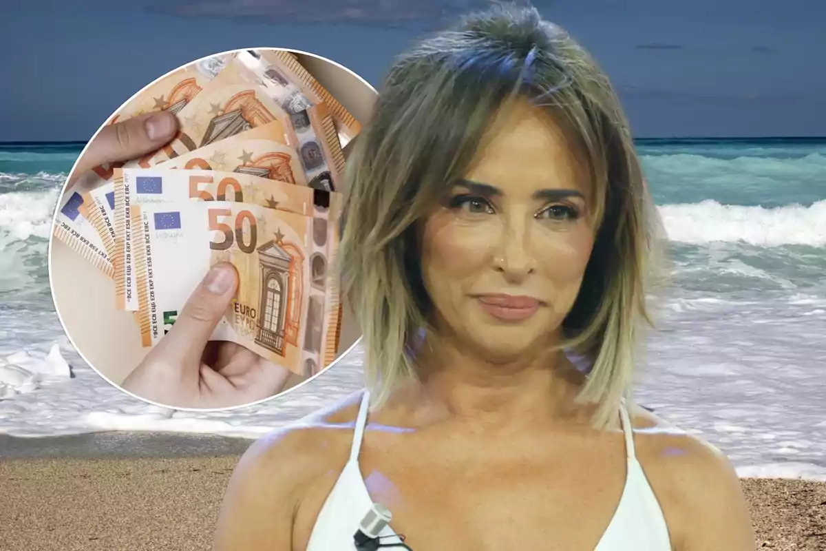 Una mujer con cabello corto y rubio se encuentra en una playa, mientras que en un recuadro se muestra una mano sosteniendo varios billetes de euro.