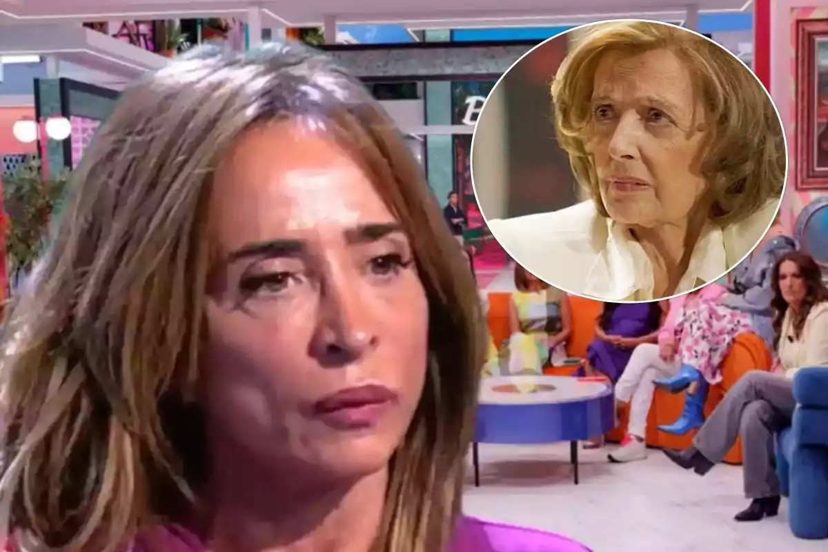 Una mujer en un plató de televisión con una imagen superpuesta de otra mujer mayor en un círculo.