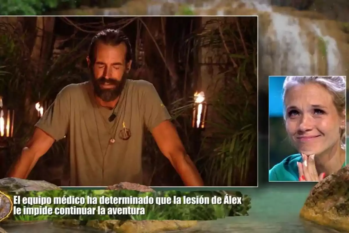 Un hombre con barba y camiseta verde aparece cabizbajo en un entorno selvático mientras una mujer rubia con expresión emotiva se muestra en un recuadro y un texto en la parte inferior informa que una lesión le impide continuar la aventura. Un hombre con barba y camiseta verde aparece cabizbajo en un entorno selvático mientras una mujer rubia con expresión emotiva se muestra en un recuadro y un texto en la parte inferior informa que una lesión le impide continuar la aventura.