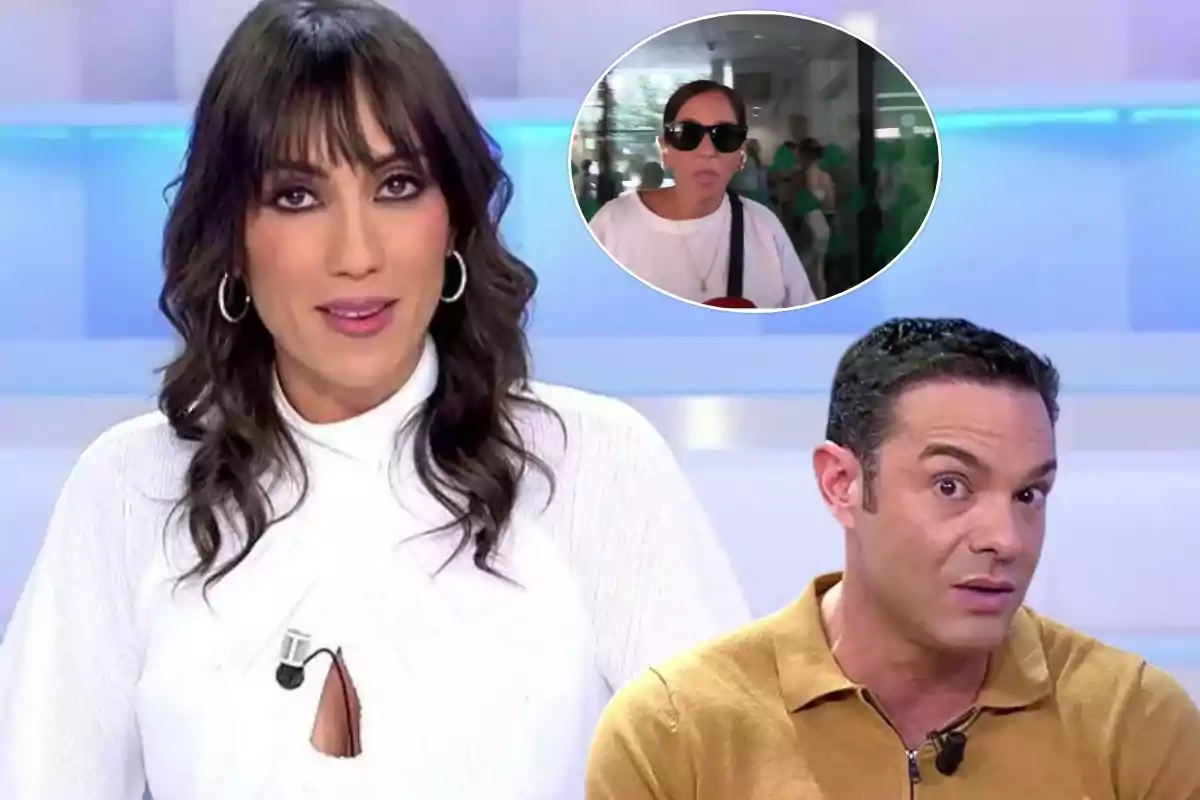 Una presentadora de televisión con cabello oscuro y un presentador con camisa amarilla están en un set de noticias, mientras que en un recuadro se muestra a una mujer con gafas de sol y camiseta blanca.