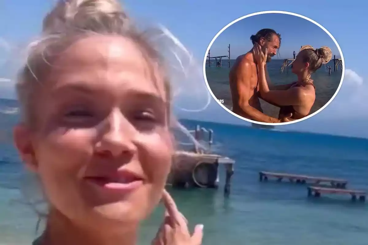 Mujer sonriente en la playa con el mar de fondo y un recuadro mostrando a una pareja abrazándose cerca del agua
