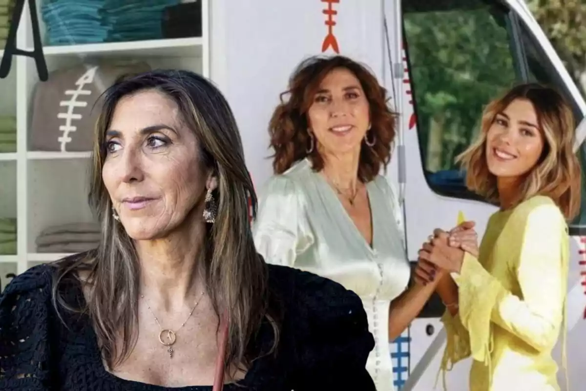 Mujer de cabello castaño y vestido negro en primer plano, al fondo la misma mujer con otra joven de cabello rubio frente a una camioneta blanca