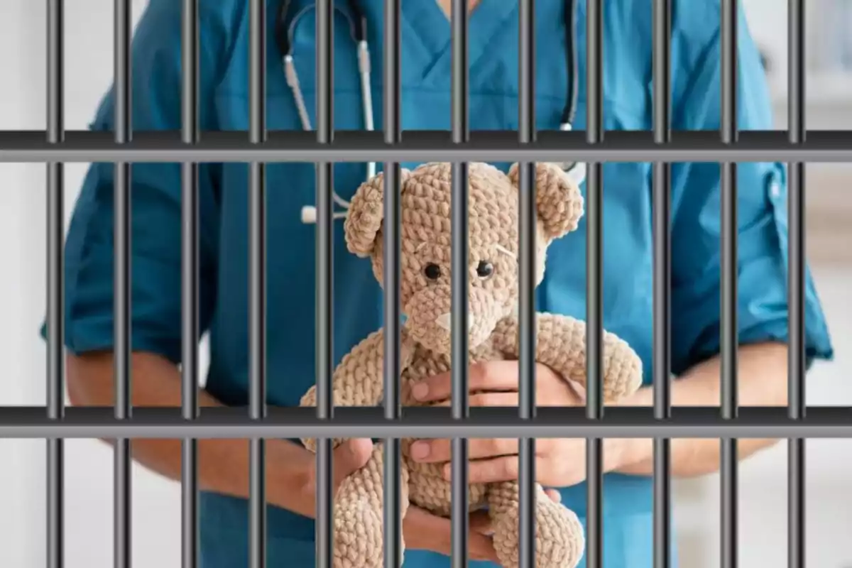 Persona con bata médica sosteniendo un oso de peluche detrás de unos barrotes de prisión