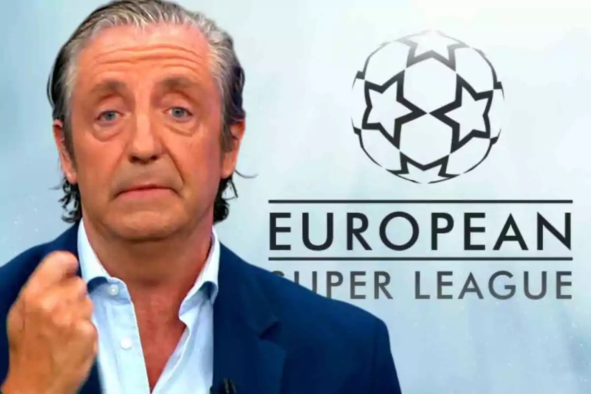 Un hombre con expresión seria frente a un logotipo de la European Super League.