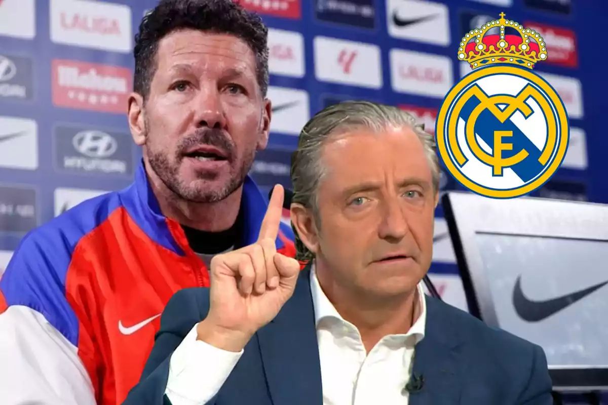 Dos hombres en un montaje con un fondo de conferencia de prensa y el escudo del Real Madrid.