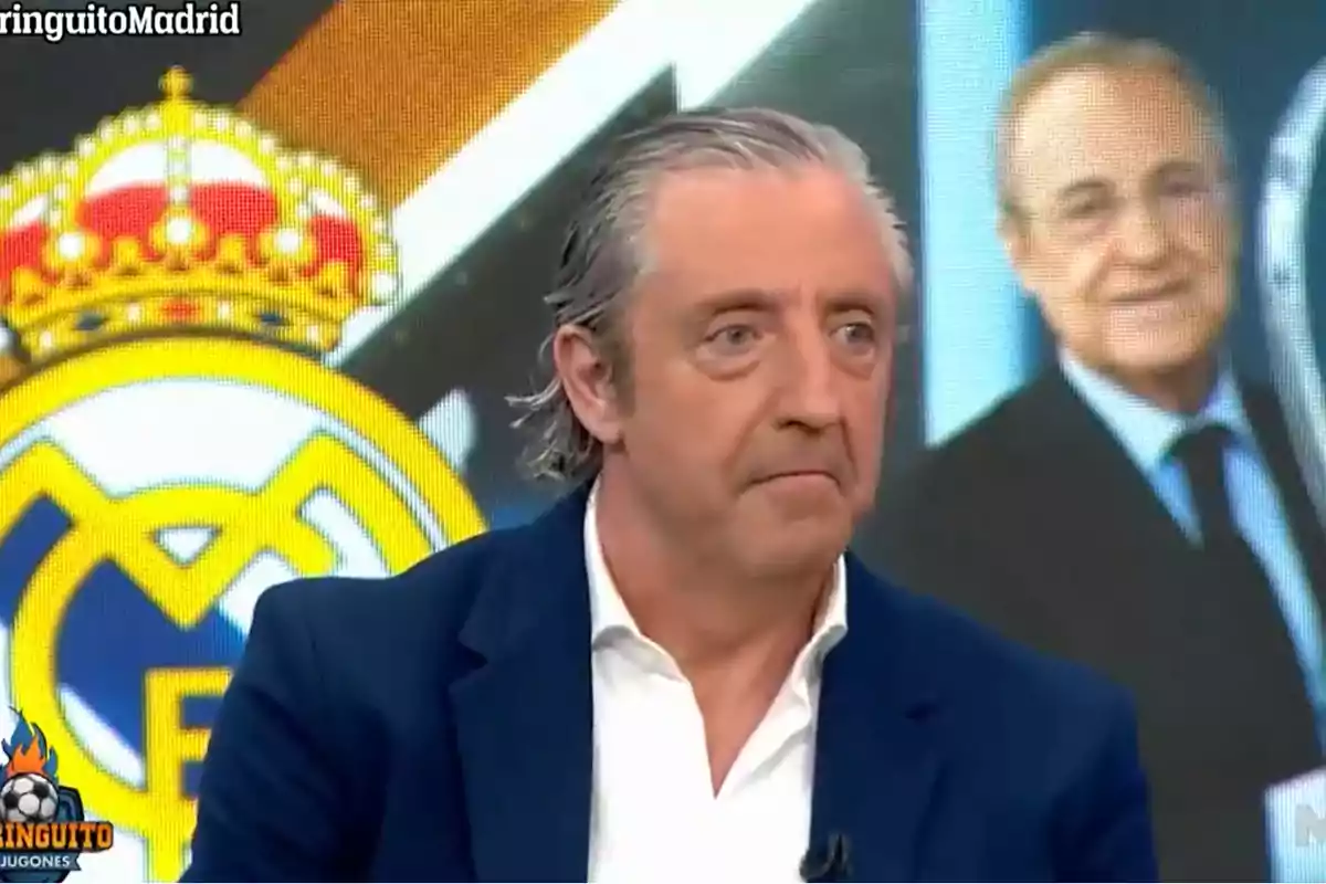 Josep Pedrerol en el Chiringuito de Jugones con Real Madrid y Florentino Pérez de fondo