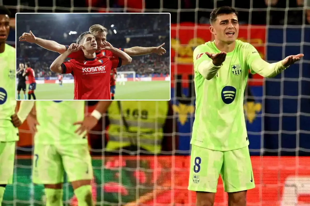 Jugadores de fútbol en el campo, uno de ellos con uniforme verde parece estar reclamando mientras que en un recuadro se ve a dos jugadores con uniforme rojo celebrando un gol.