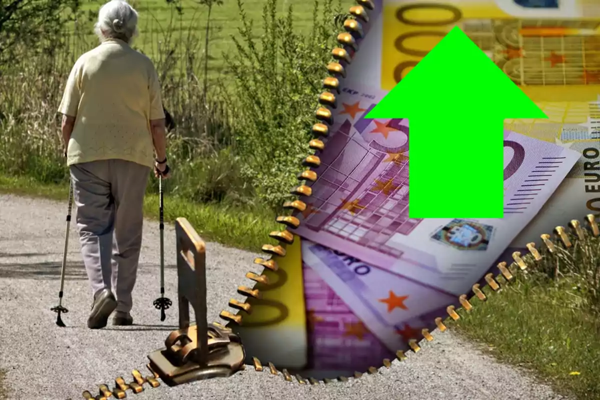 Una persona mayor caminando con bastones en un camino rural mientras una cremallera revela billetes de euro y una flecha verde apunta hacia arriba.