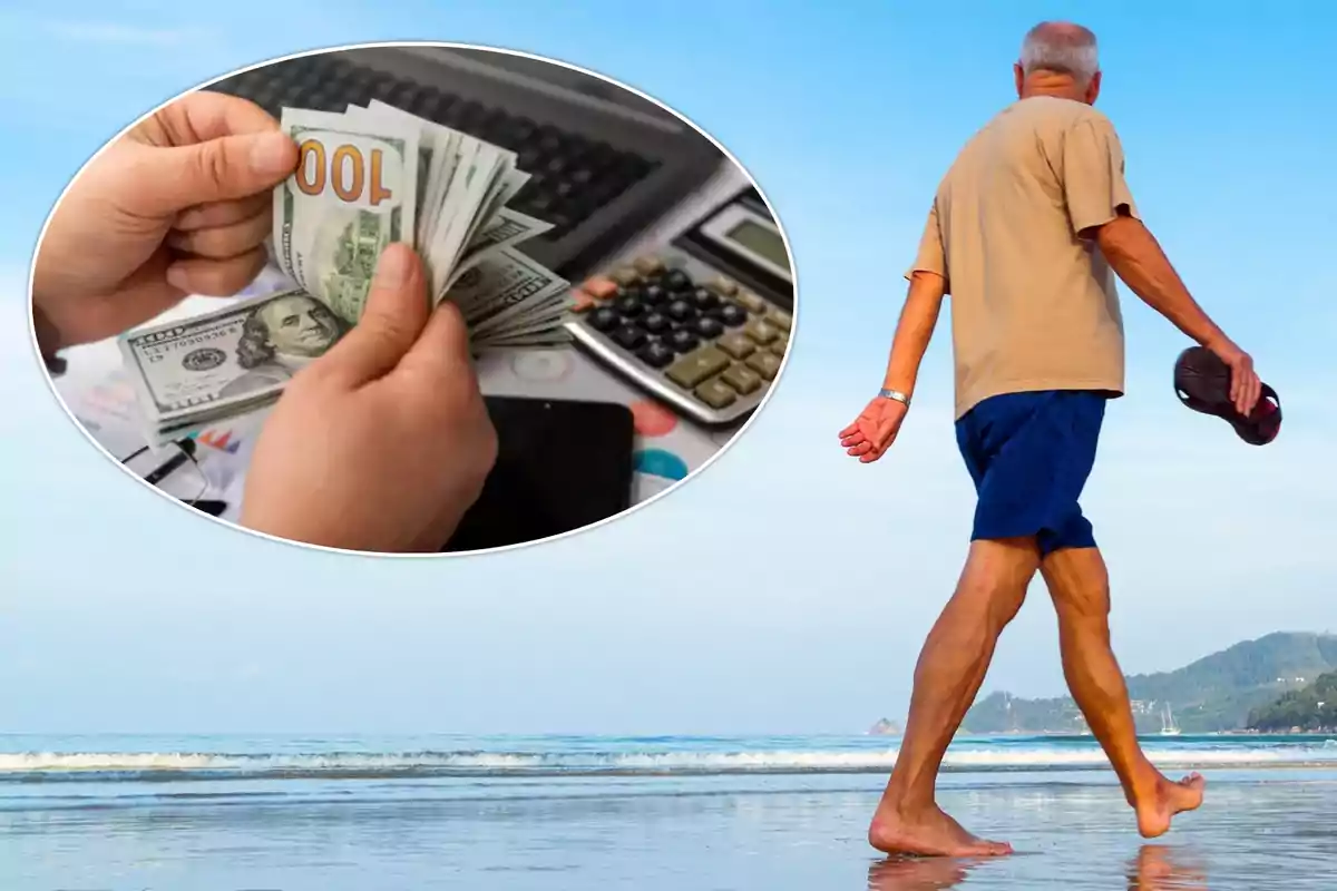 Hombre caminando por la playa con una imagen superpuesta de manos contando billetes de cien dólares frente a una calculadora.