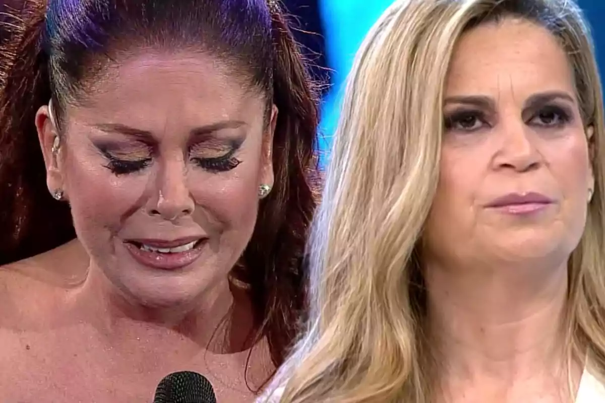 Dos mujeres en un escenario, una de ellas con expresión emocional y la otra con semblante serio.