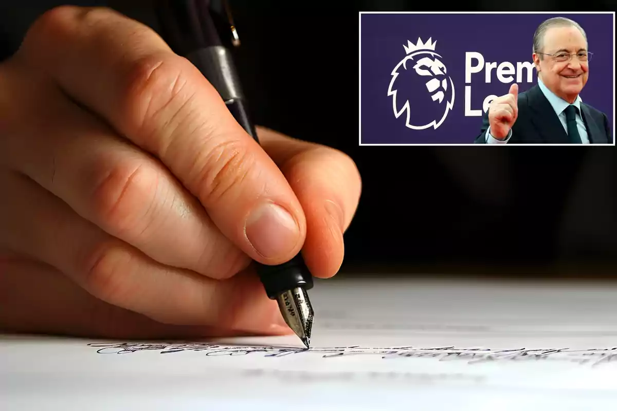 Una mano sosteniendo una pluma estilográfica escribiendo en un papel con un recuadro que muestra el logo de la Premier League y un hombre sonriendo.