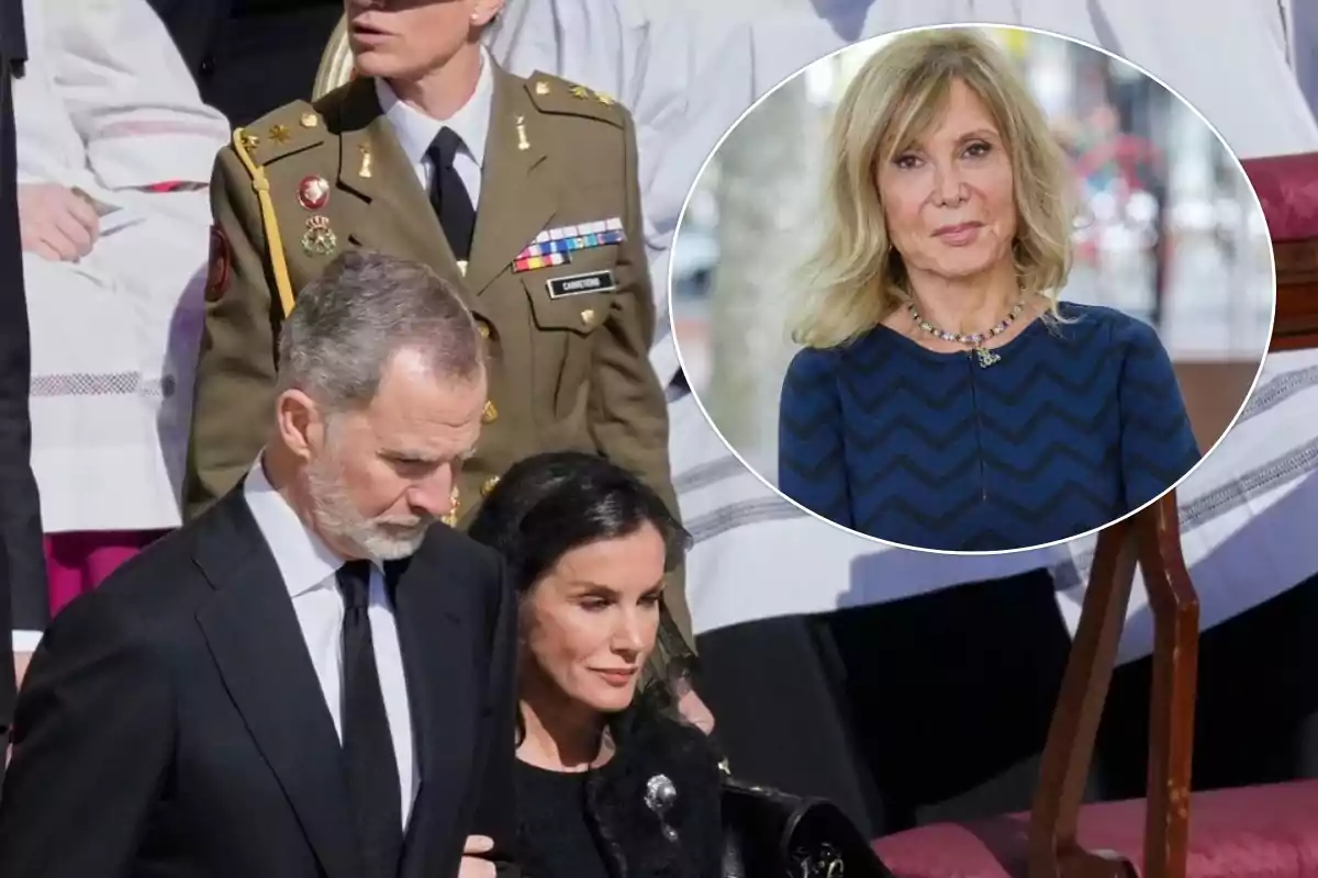 Un hombre y una mujer vestidos de manera formal caminan juntos mientras una persona con uniforme militar está detrás; en la esquina superior derecha hay un recuadro con la imagen de una mujer rubia.