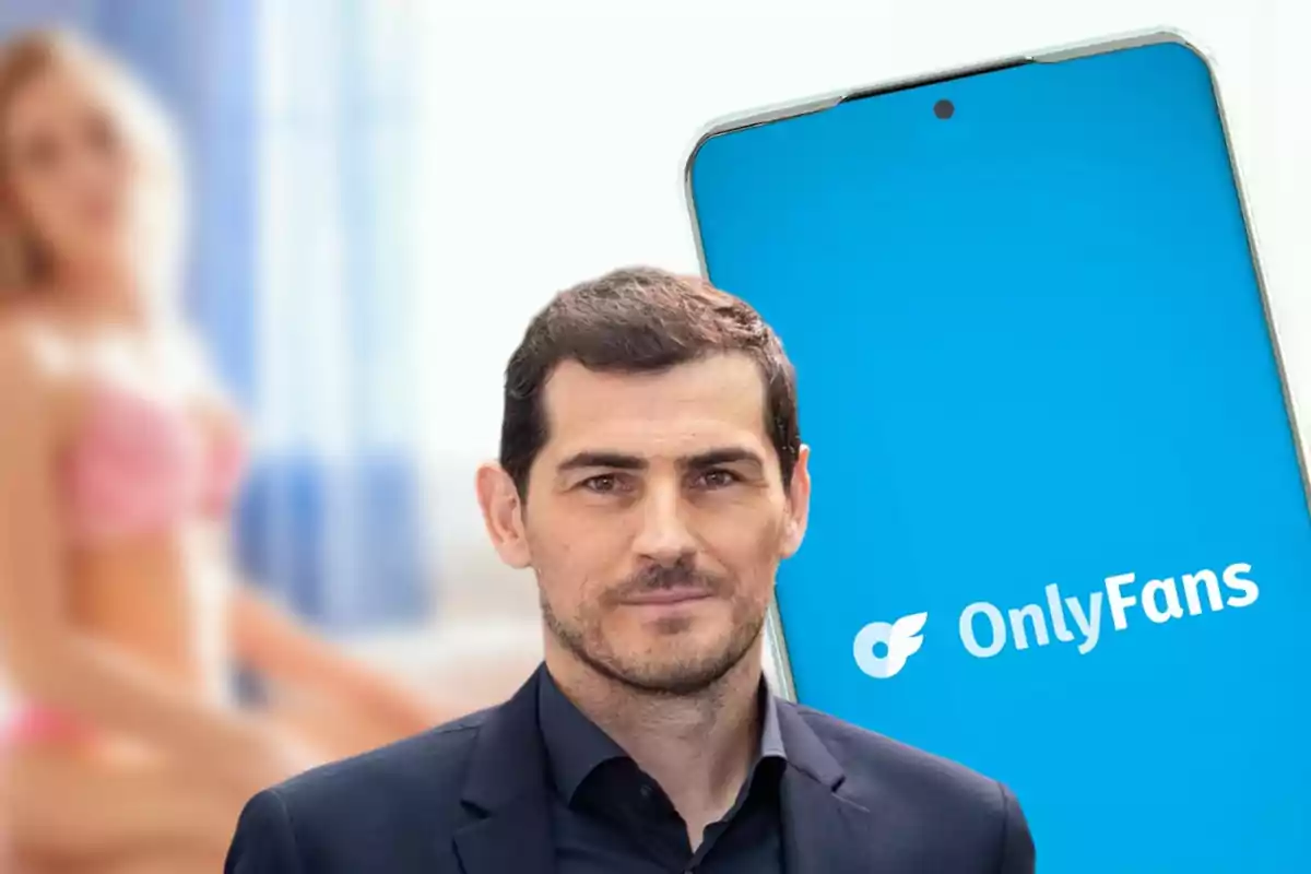 Hombre de traje frente a un teléfono con el logo de OnlyFans y una mujer desenfocada al fondo.