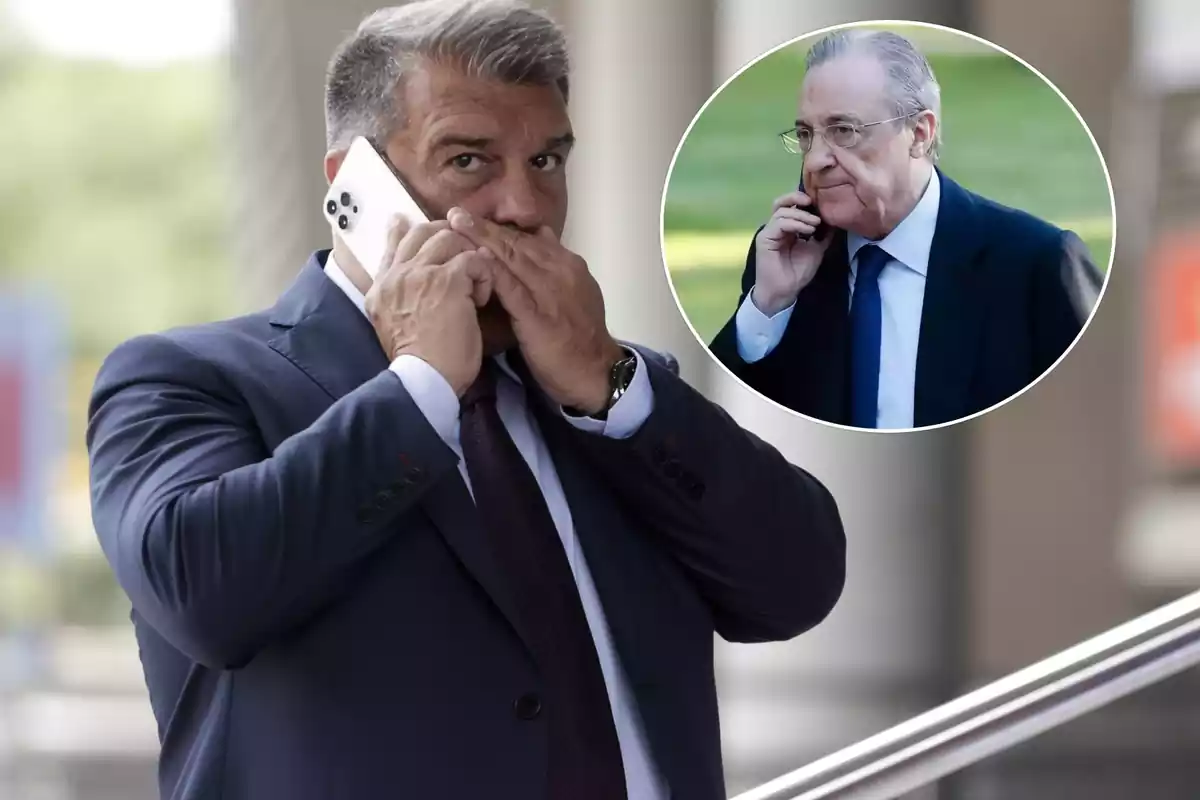 Joan Laporta de traje y hablando por teléfono tapándose la boca con la mano, de fondo un círculo con la imagen de Florentino Pérez hablando por teléfono