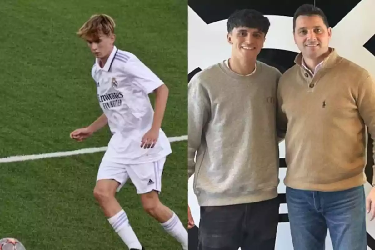 Un joven futbolista con el uniforme del Real Madrid en el campo y dos personas posando juntas en un interior. Un joven futbolista con el uniforme del Real Madrid en el campo y dos personas posando juntas en un interior.