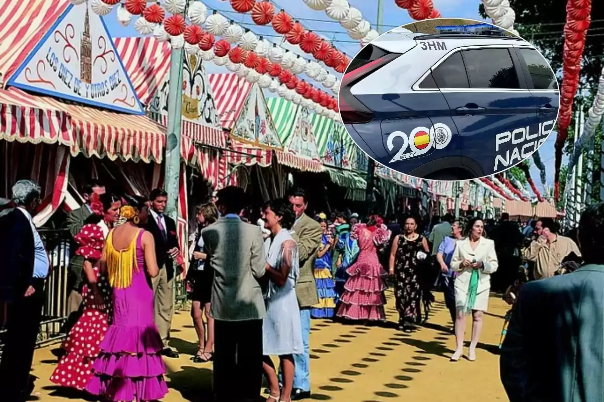 Personas vestidas con trajes tradicionales en una feria con casetas decoradas y un coche de la policía nacional en un recuadro.