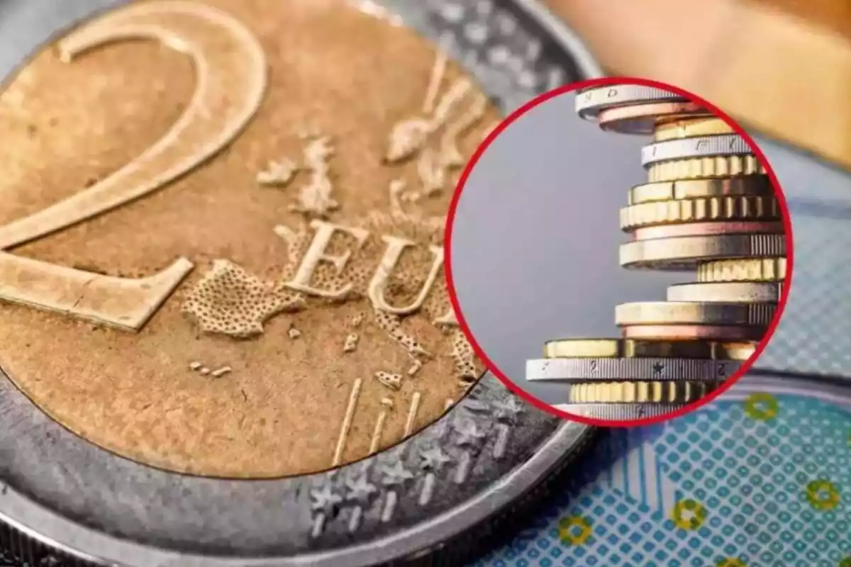 Montaje con moneda de 2 euros y círculo rojo con conjunto de monedas Montaje con moneda de 2 euros y círculo rojo con conjunto de monedas