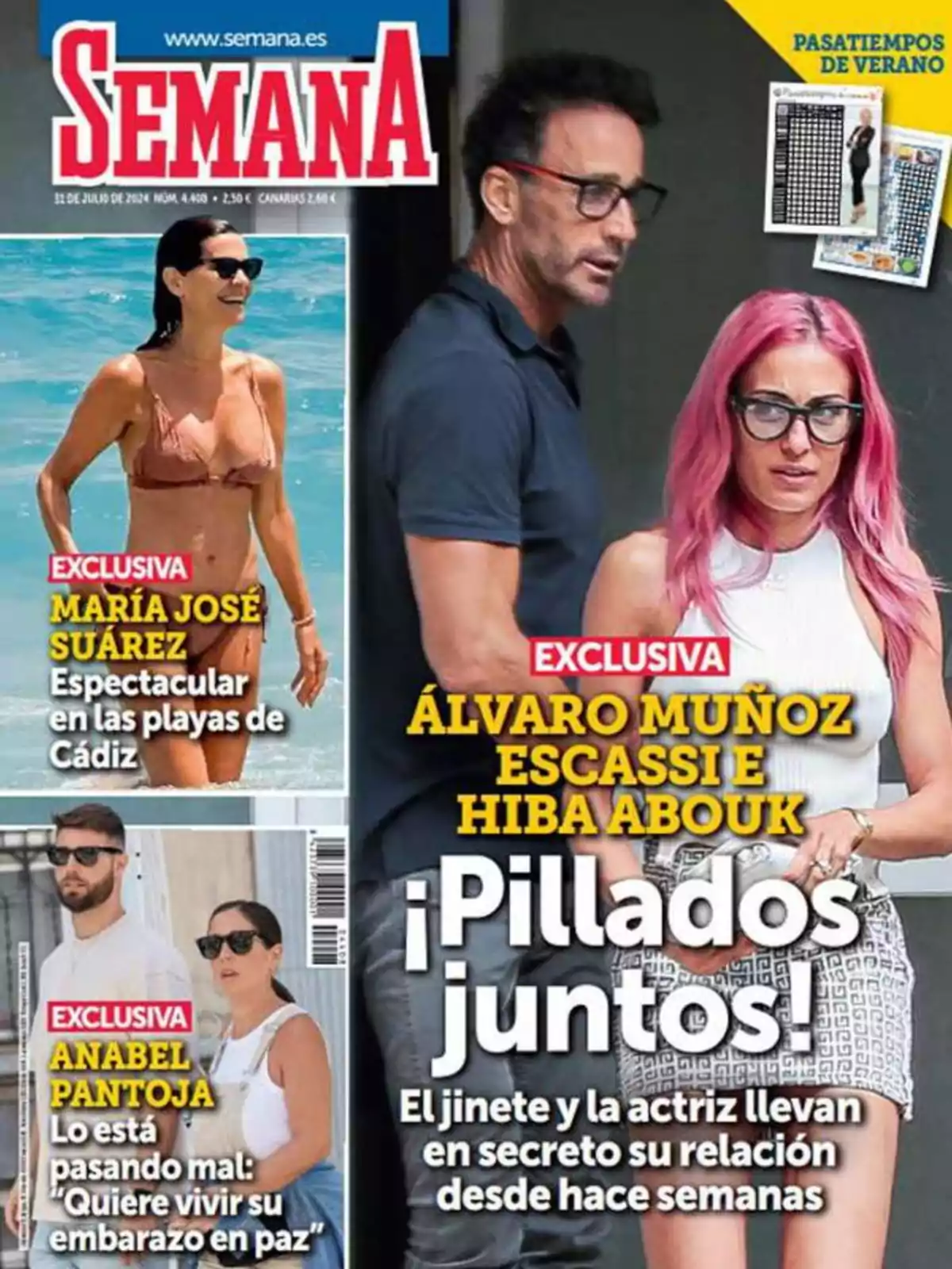Portada de la revista Semana con titulares sobre María José Suárez en las playas de Cádiz, Anabel Pantoja y su embarazo, y la relación secreta entre Álvaro Muñoz Escassi e Hiba Abouk. Portada de la revista Semana con titulares sobre María José Suárez en las playas de Cádiz, Anabel Pantoja y su embarazo, y la relación secreta entre Álvaro Muñoz Escassi e Hiba Abouk.