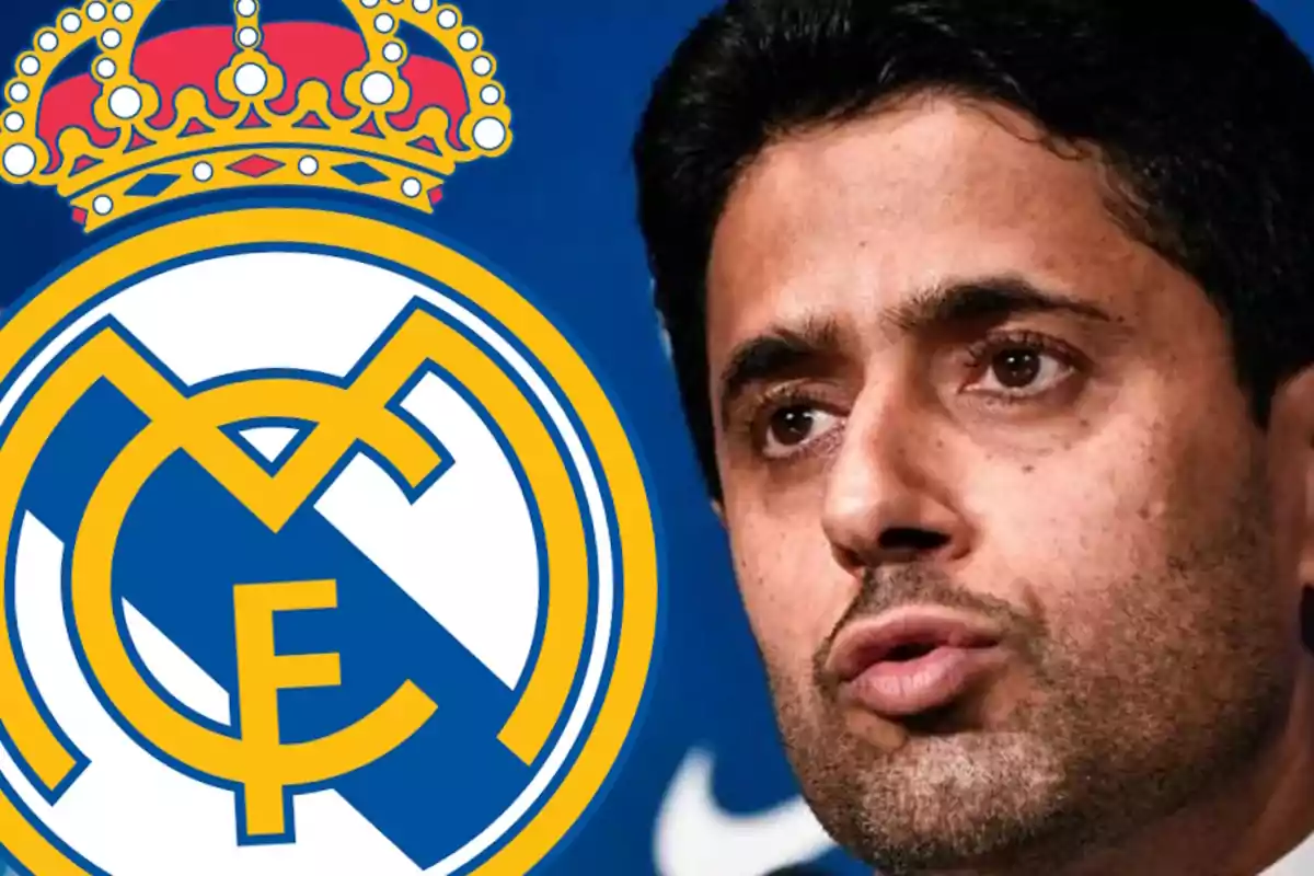 Al Khelaifi con el logo del Real Madrid al fondo.