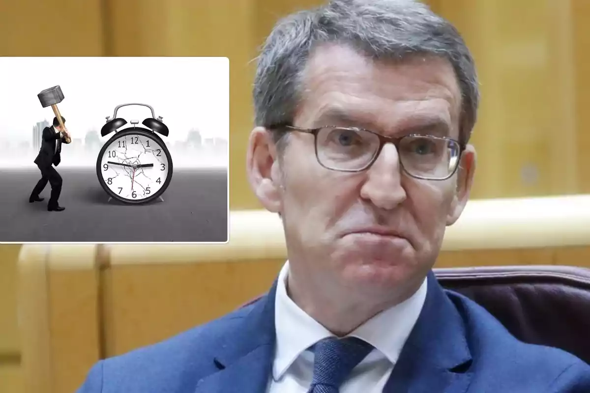 Hombre con gafas y traje azul junto a una imagen de un hombre rompiendo un reloj con un martillo.