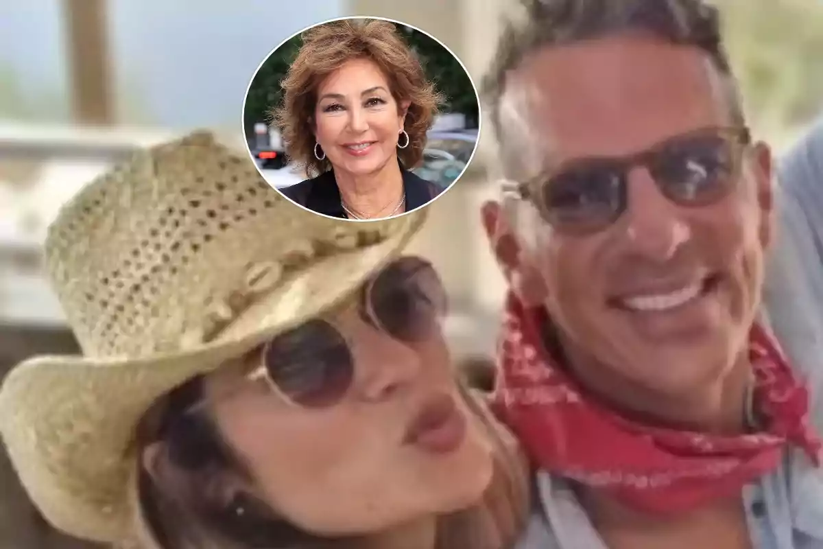 Una pareja sonriente con gafas de sol, la mujer lleva un sombrero de paja y el hombre un pañuelo rojo, con un retrato de una mujer mayor en un círculo superpuesto en la parte superior.