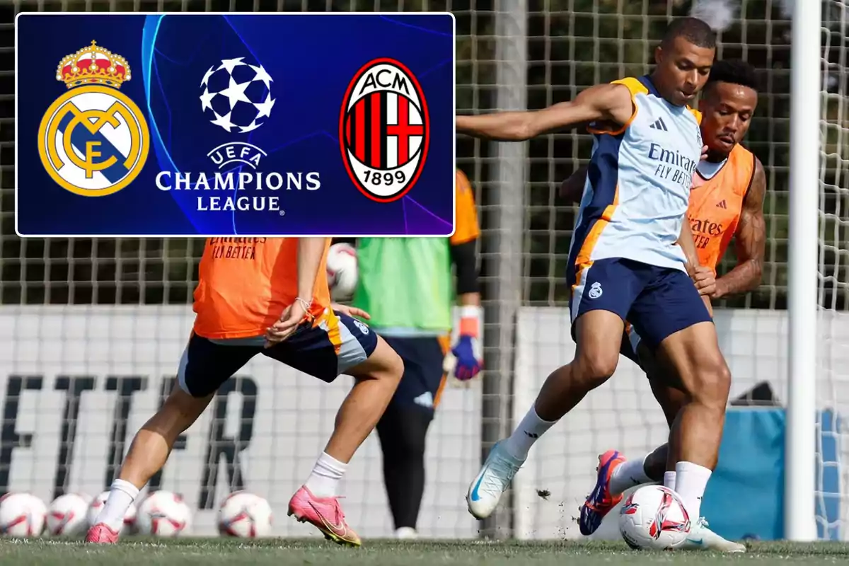 Jugadores de fútbol entrenando en un campo con un cartel de la UEFA Champions League mostrando los escudos del Real Madrid y el AC Milan.