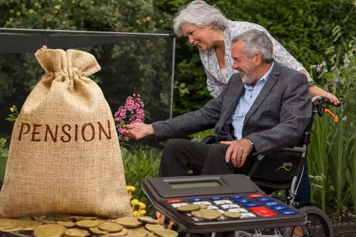 Una pareja de personas mayores en un jardín, con un saco de dinero etiquetado como "Pension" y una calculadora con monedas en primer plano.