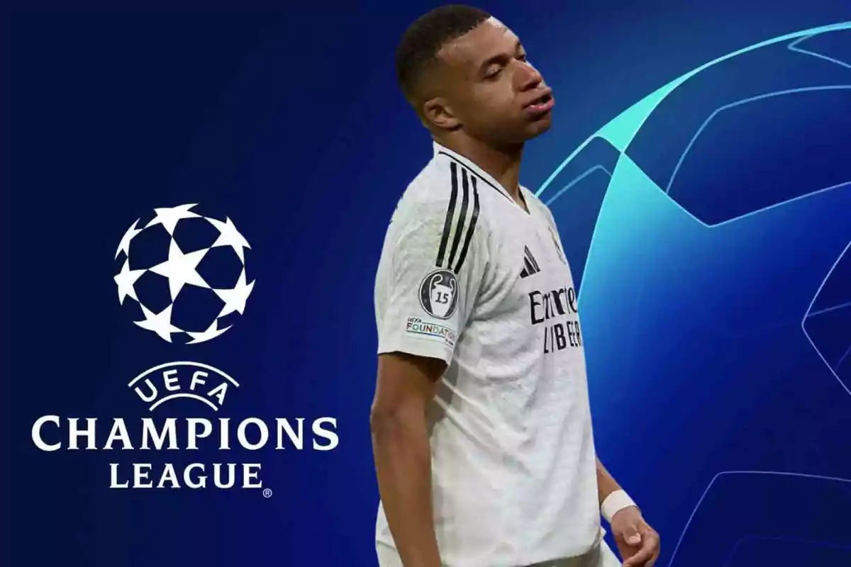 Jugador de fútbol con uniforme blanco junto al logo de la UEFA Champions League sobre un fondo azul.