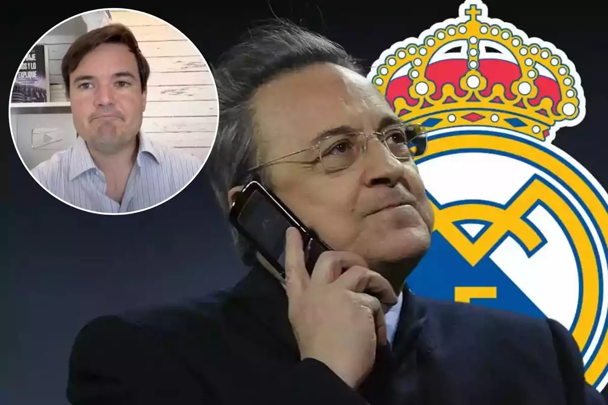 Hombre hablando por teléfono con el logo del Real Madrid de fondo y un recuadro con otra persona.