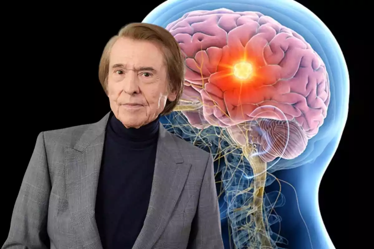 Hombre mayor de cabello castaño con saco gris y suéter negro de pie frente a una ilustración médica de un cerebro humano con una zona iluminada en el centro