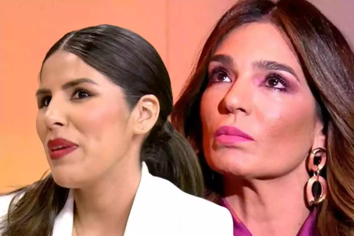 Dos mujeres con expresiones faciales diferentes en un fondo naranja.