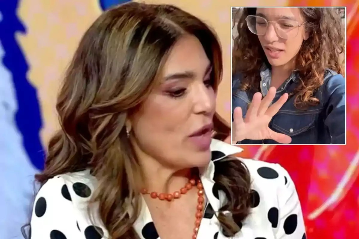 Una mujer con cabello castaño y blusa de lunares está hablando, mientras en un recuadro se ve a otra persona con gafas y chaqueta de mezclilla haciendo un gesto con la mano.