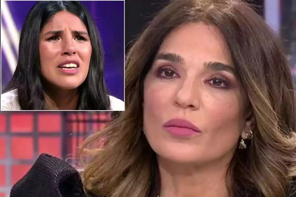 Dos mujeres en un programa de televisión, una de ellas parece emocionada mientras la otra tiene una expresión seria.