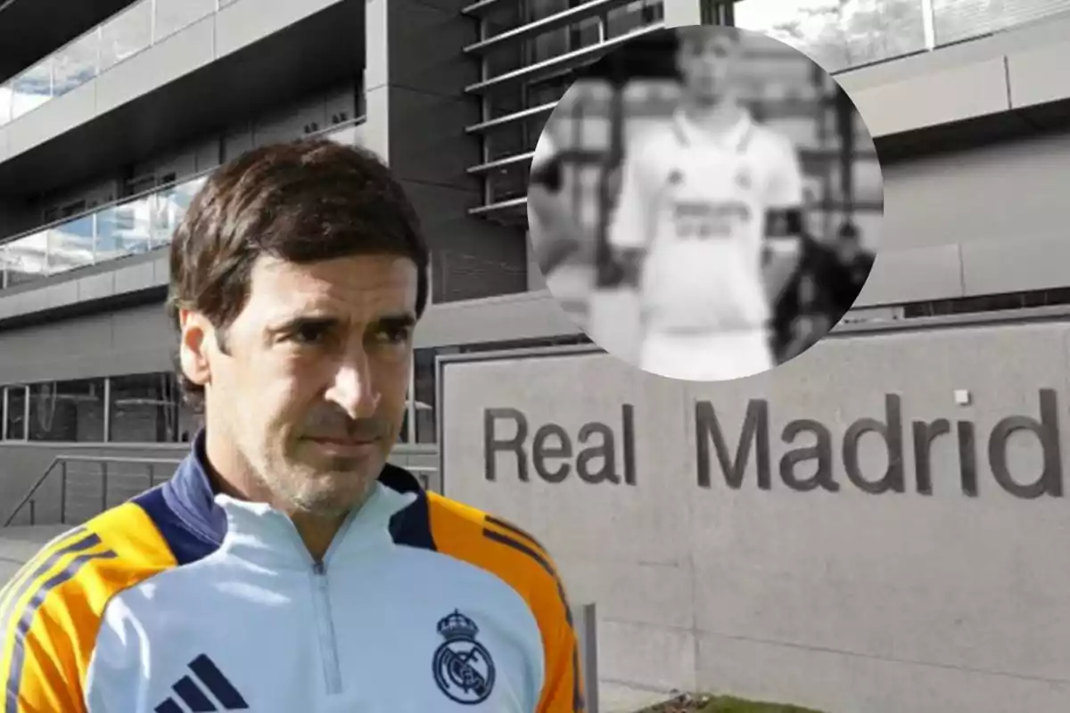 Un hombre con chaqueta del Real Madrid frente a un edificio con el letrero "Real Madrid" y un recuadro borroso de una persona con uniforme deportivo.