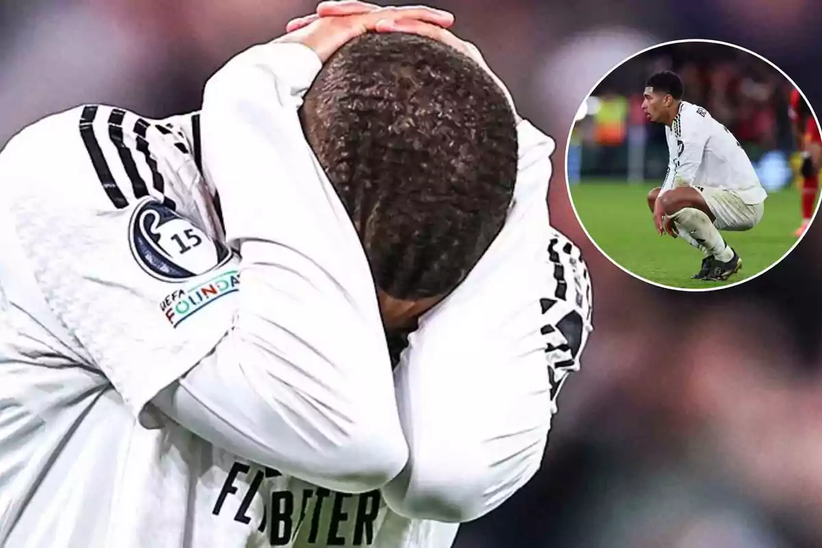 Un jugador de fútbol con el uniforme blanco se cubre la cabeza con las manos en un gesto de frustración, mientras que en un recuadro se le ve agachado en el campo.