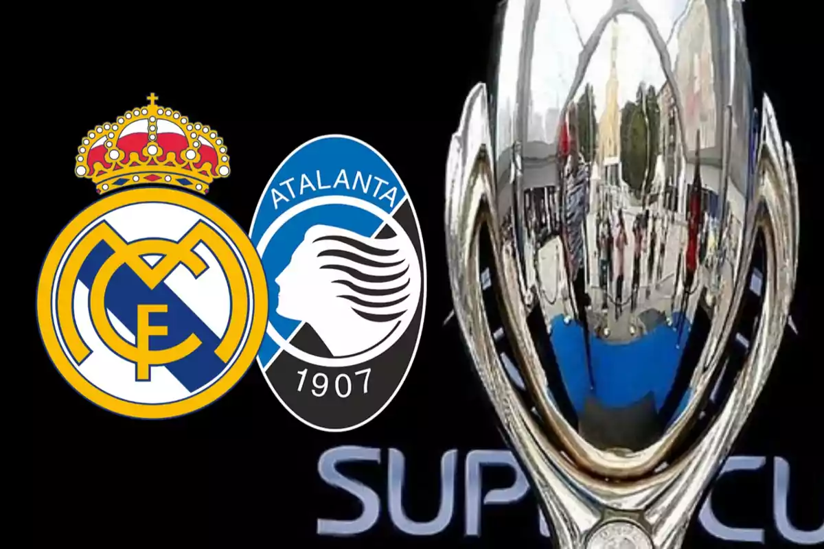 Logos del Real Madrid y Atalanta junto a un trofeo de la Supercopa.