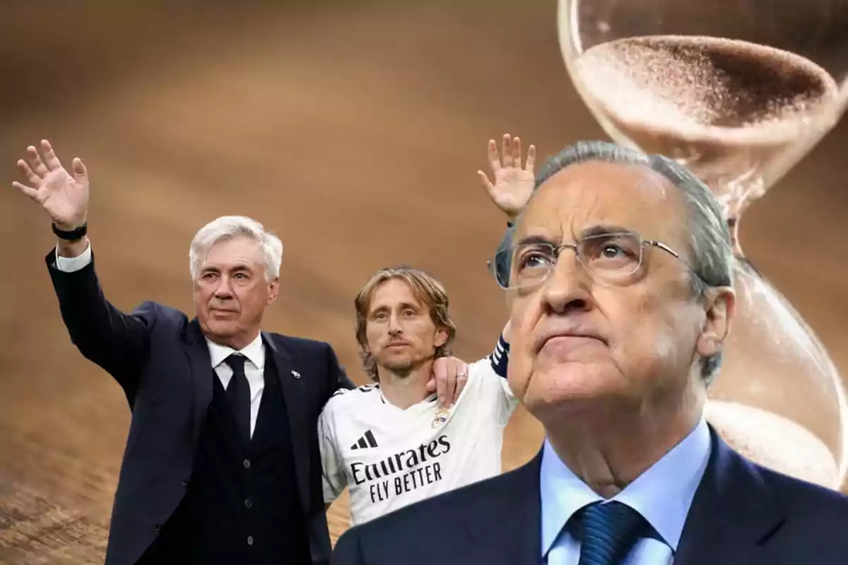 Tres hombres con expresiones serias y un reloj de arena en el fondo.