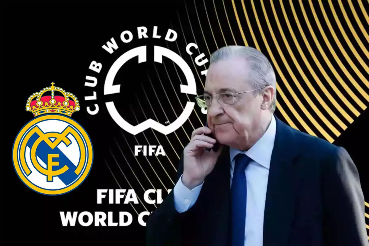Un hombre con traje y corbata está hablando por teléfono frente a un fondo que muestra el logo del Mundial de Clubes de la FIFA y el escudo del Real Madrid.