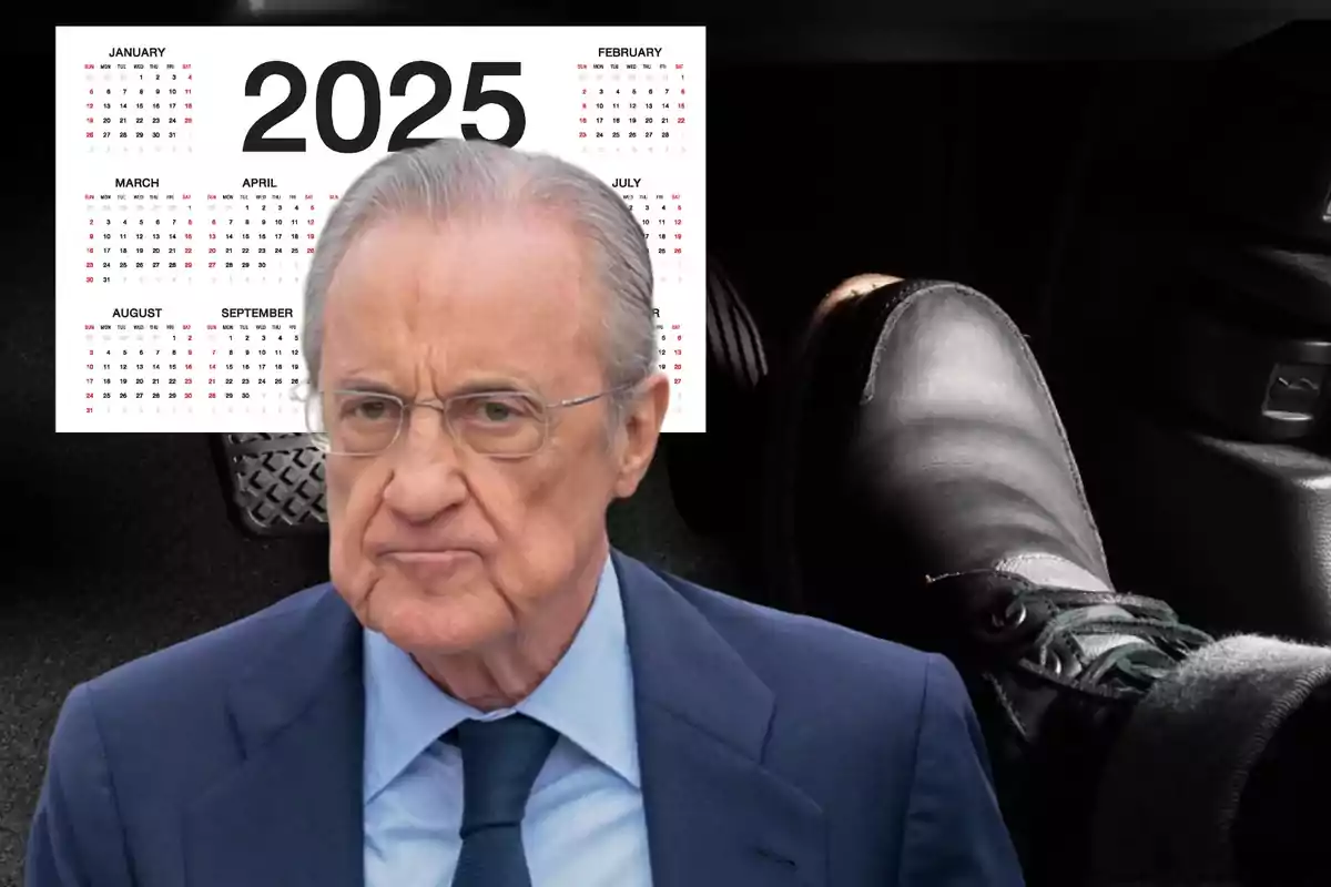 Un hombre mayor con gafas y traje azul aparece frente a un calendario del año 2025 y un pie presionando un pedal de automóvil.