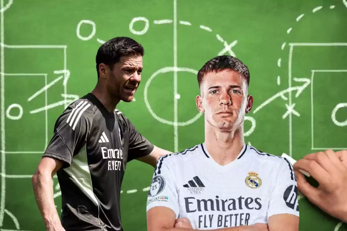 Dos personas con uniforme del Real Madrid aparecen frente a un pizarrón verde con tácticas de fútbol dibujadas en blanco y una mano sostiene una tiza